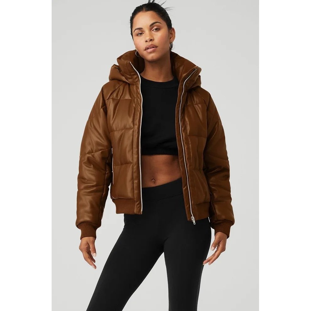 Alo Yoga $348 Faux Leather Boss Puffer Coat Brown Cognac Fur Hooded Size Small